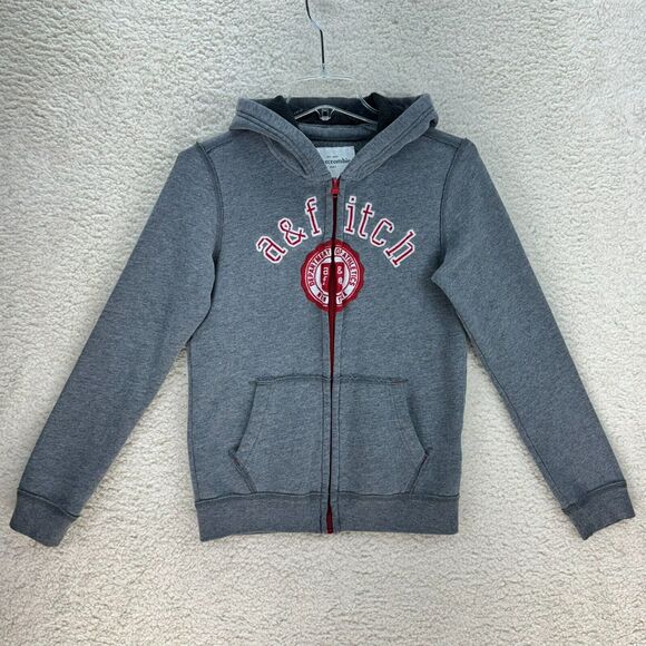 Abercrombie & Fitch Hooded Sweatshirt Kids 13/14 Gray Zip Up Pockets Embroidered - Picture 3 of 9